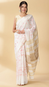 Silkmark Certified Eri Silk Digital Embroidered White Saree with Running Blouse-Indiehaat