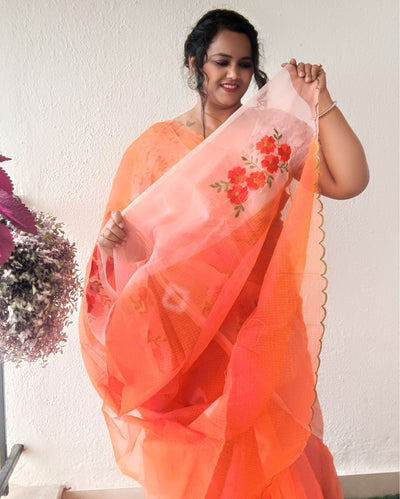 Earthy Bandhej Kota Doria Embroidery Orange Saree Handdyed