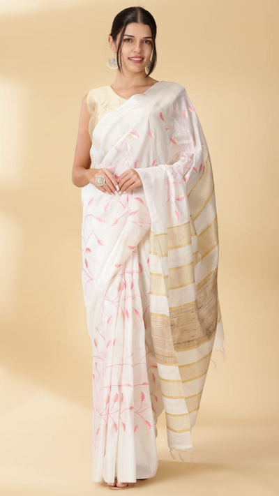 Silkmark Certified Eri Silk Digital Embroidered White Saree with Running Blouse-Indiehaat