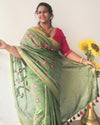 Mysterious Silk Linen Embroidered Green Saree