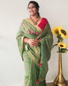 Mysterious Silk Linen Embroidered Green Saree