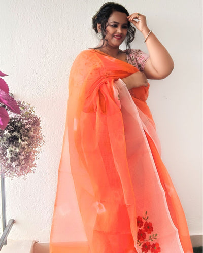 Earthy Bandhej Kota Doria Embroidery Orange Saree Handdyed