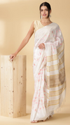 Silkmark Certified Eri Silk Digital Embroidered White Saree with Running Blouse-Indiehaat