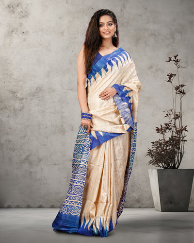 Silkmark Tussar Tranquil Blockprint Biege & Blue Saree