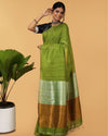 Quaint Silk Linen Handdyed Green Contrast Pallu Saree