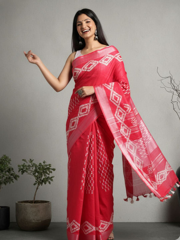 Crimson Slub Linen Saree Wax Batik Hand Dyed Rubine Red