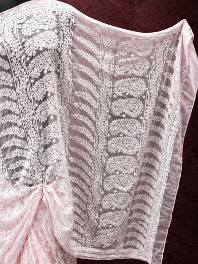 Indiehaat | Pink Georgette Chikankari Saree | Lucknowi