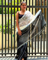 Pure Linen Handloom Saree Black & White Color Hand Embroidered with Running Blouse-Indiehaat