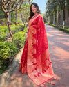 Indiehaat | Organza Floral Rainbow Zari Woven Red Saree