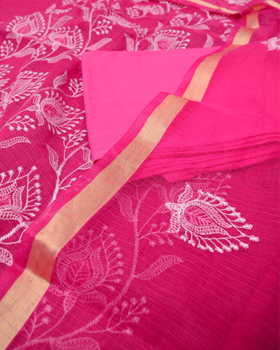 Indiehaat|Kota Doria Embroidered Pink Suits(Top+Bottom+Dupatta)