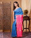 Silkmark Ghicha Tussar Ornamental Blue & Pink Saree