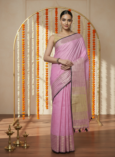 Rosy Khadi Linen Saree Pink