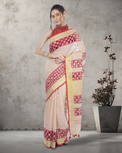 Misty Pure Linen Hand Cutwork Design Red Saree