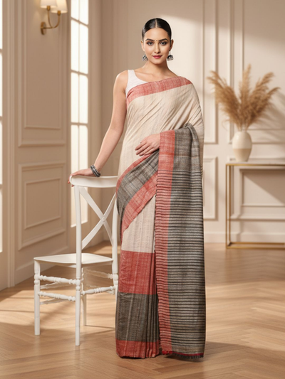Silkmark Evocative Ghicha Tussar Silk Beige Saree