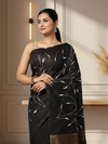 Glossy Eri Tussar Silk Embroidered Black Saree
