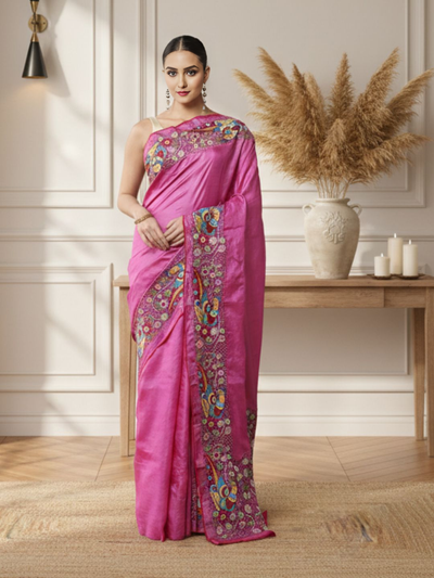 Silkmark Certified Elegant Pure Tussar Cutwork Dark Magenta Saree