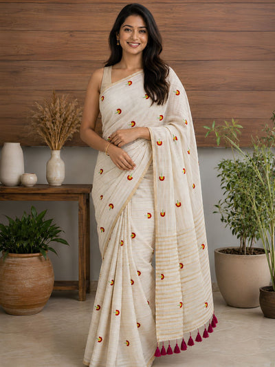 Zari Sutra Mul Cotton Embroidered Saree Off White