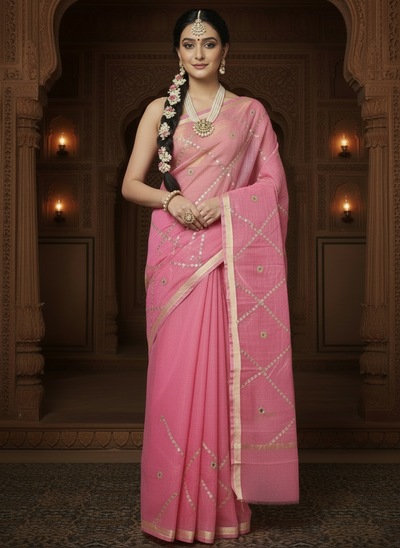 Pankhudi Gota Patti Pink Kota Cotton Saree