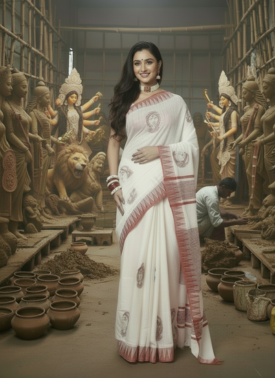 Shakti Kora Silk Red & White Durga Embroidery Saree