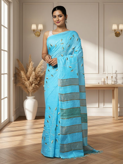 Modern Eri Tussar Silk Embroidered Blue Saree