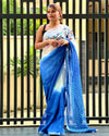 Shop Pure Linen Saree Online with Hand Embroidered, White & Blue Combo