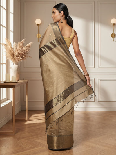 Quaint Maheshwari Pure Silk Butta Body Gray Saree