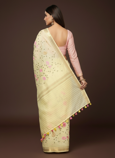 Impressionistic Silk Linen Embroidered Yellow Saree