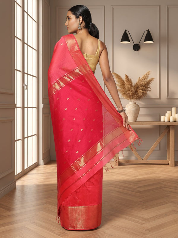 Glossy Maheshwari Silk Pure Handloom Saree Red