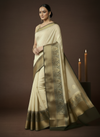 Silk Linen Weaving Design Jacquard Handloom Saree Cream Color with Running Blouse-Indiehaat