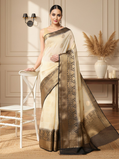 Silk Linen Weaving Design Jacquard Handloom Saree Cream Color with Running Blouse-Indiehaat
