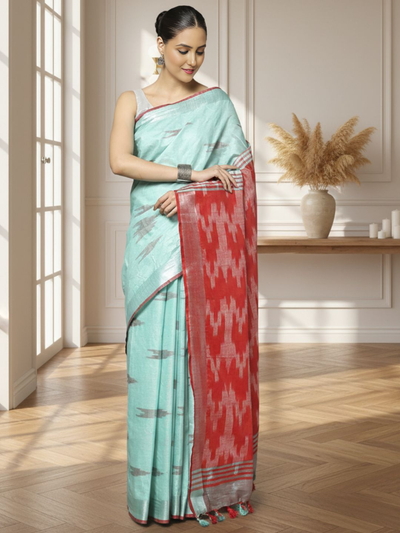 Sunny Ikkat Slub Linen Handloom Blue Saree