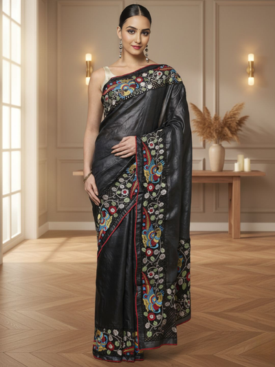 Silkmark Certified Rustic Pure Tussar Cutwork Eerie Black Saree