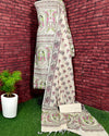 Indiehaat | Khadi Silk Light Beige Suit Madhubani Print Top+Bottom+Dupatta