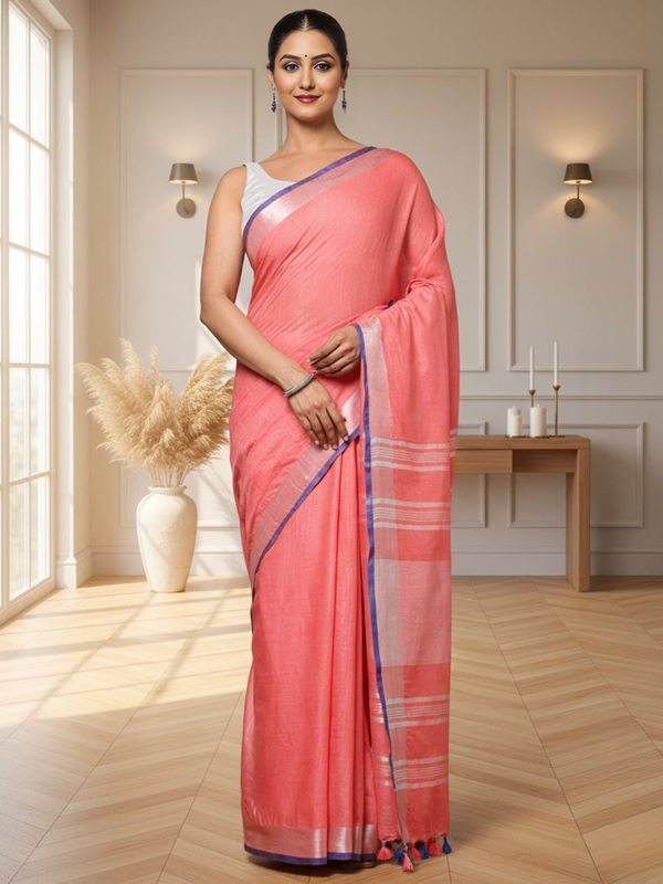 Delicate Slub Linen Hand Dyed Charm Pink Saree