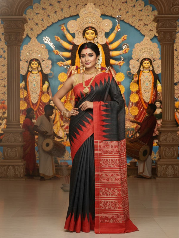 Silkmark Tussar Glowing Blockprint Black & Red Saree