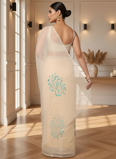 Earthy Kota Doria Cotton Bel Embroidery Off White Saree Handdyed