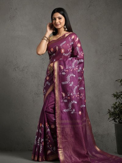 Bold Silk Linen Embroidered Purple Saree