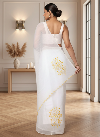 Kota Doria Cotton Bel Embroidery White Saree Handdyed