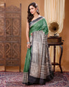 Silkmark Tussar Modern Madhubani Green & Black Saree