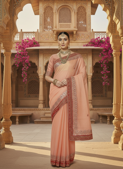 Gilded Grace Kota Cotton Gota Patti Saree Light Peach