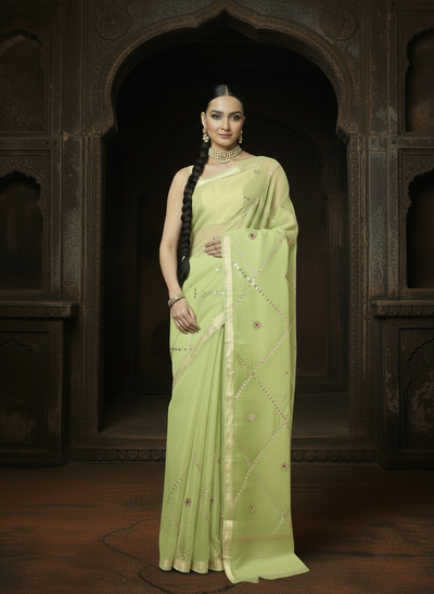 Pankhudi Gota Patti Lime Green Kota Cotton Saree