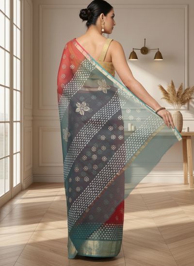 Craft Couture Kota Doria Blockprint Red & Sea Green Saree