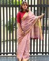 Handwoven Pure Linen Saree Dusky Pink Color with running Blouse - IndieHaat