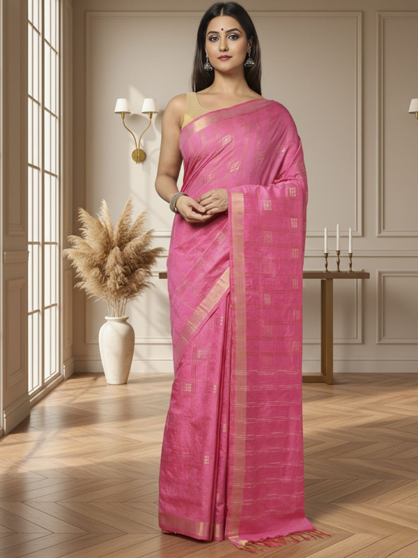 Gilded Hue Kota Silk Zari Stripe Saree Pink