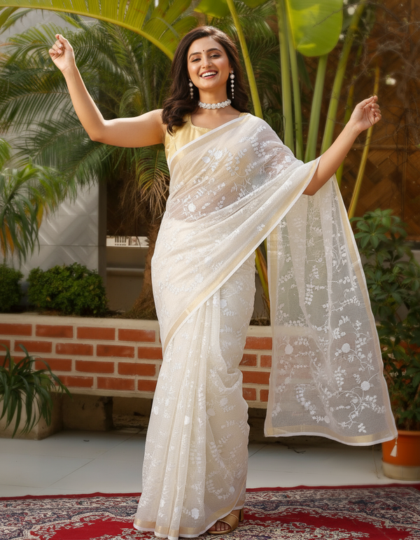 Pure Cotton Kota Doria Saree Off White Jaal Embroidery