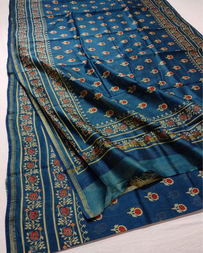 Indiehaat | Chanderi Silk Ajrakh Print Saree Blue