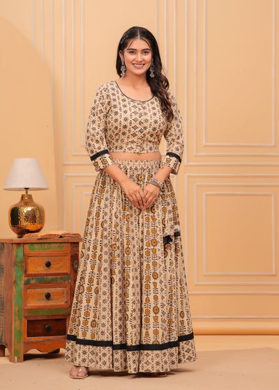 Indiehaat | Blockprinted Beige Lehanga Choli Set