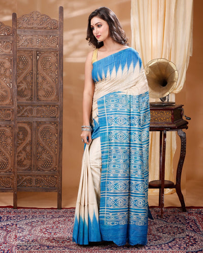 Silkmark Tussar Precious Blockprint Beige & Blue Saree