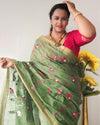 Mysterious Silk Linen Embroidered Green Saree