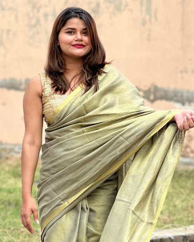 Hand Dyed Pure Tissue Linen Gray Color Saree With Running Blouse Hand Dyed-Indiehaat